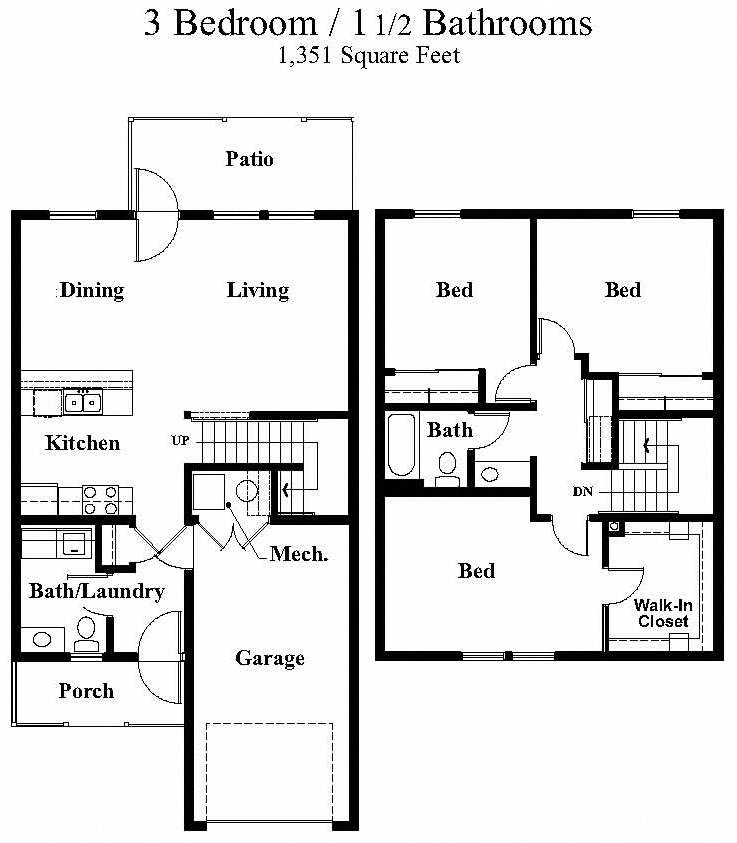 Floor plan for 3 beds, 2 baths, 1656 sqft